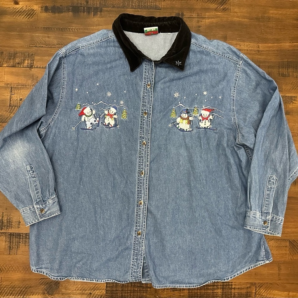Vintage Nutcracker Shirt Women's Blue Denim Christmas Button Down Snowman Sz 2XL